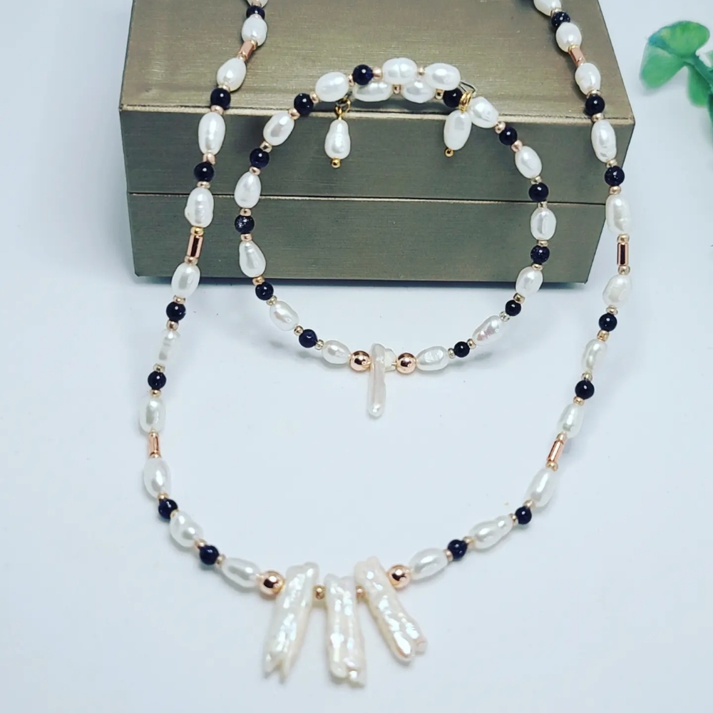 Freshwater Pearl and Goldstone, Hematite necklace and bracelet